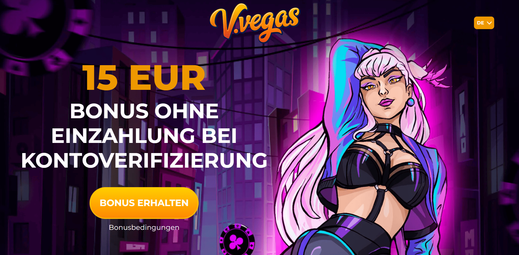 V.Vegas Casino – 15 EUR Bonus ohne Einzahlung bei Kontoverifizierung